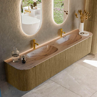 MONDIAZ KURVE-DLUX Meuble de salle de bains 200cm arrondi gauche + droite couleur Dusk avec 2 tiroirs et 2 portes. Lavabo STOR SMALL Double 2 trous de robinet Arena.