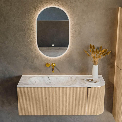 MONDIAZ KURVE-DLUX Meuble de salle de bains 115cm avec module 25 R couleur Chêne avec 1 tiroir et 1 porte. Lavabo BIG SMALL gauche sans trou de robinet couleur Glace.