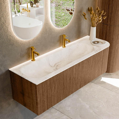 MONDIAZ KURVE-DLUX 145cm Meuble salle de bain avec module 25 D - couleur Walnut - 1 tiroir - 1 porte - vasque BIG LARGE gauche - 2 trous de robinet - couleur Frappe