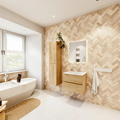 MONDIAZ VICA meuble sous lavabo 60cm Chêne Blanchi 2 tiroirs. Lavabo DENIA centre 1 trou de robinet, couleur Blanc Brillant.