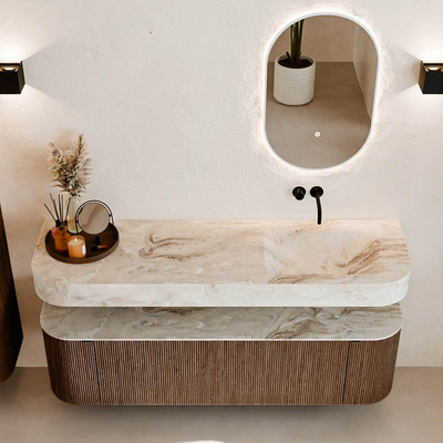 MONDIAZ THOR-DLUX 160cm meuble de salle de bains arrondi gauche + droite couleur Walnut avec 1 tiroir et 2 portes. Vasque suspendue CLOUD droite sans trou de robinet couleur Frappe.