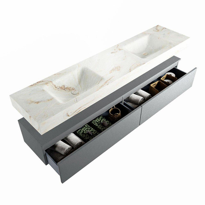 Mondiaz ALAN-DLUX Ensemble de meuble - 200cm - meuble Plata mat - 2 tiroirs - Lavabo Cloud Frappe suspendu - vasque Gauche et droite - 2 trous de robinet
