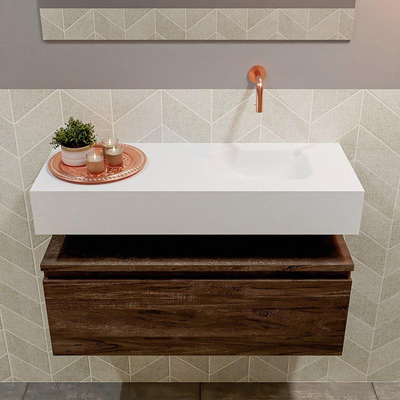 MONDIAZ ANDOR Meuble WC - 80x30x30cm - 0 trous de robinet - 1 tiroirs - dark brown mat - lavabo à droite - Solid surface - Blanc