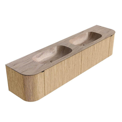 MONDIAZ KURVE-DLUX 200cm badmeubel ronding Links + Rechts kleur Oak met 2 lades en 2 deuren. Wastafel STOR SMALL Dubbel 2 kraangaten Saba.