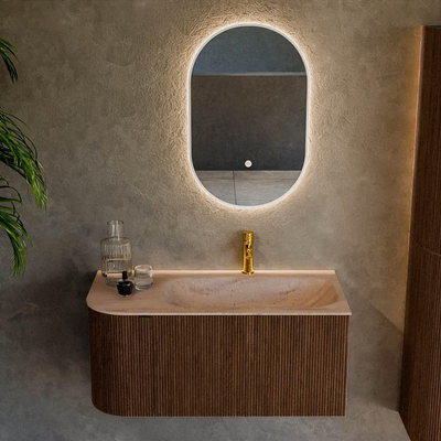MONDIAZ KURVE-DLUX Meuble de salle de bains 95cm arrondi à gauche couleur Walnut avec 1 tiroir et 1 porte. Lavabo BIG SMALL à droite 1 trou de robinet Saba.