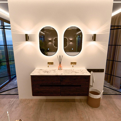 Mondiaz CIRO-DLUX Ensemble de meubles de salle de bains - 130x45x50cm - lavabo en solid surface Glace - 2 vasques double - sans trous de robinet - 4 tiroirs - Noyer