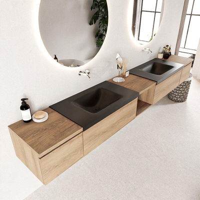 MONDIAZ BUKLA 280cm badmeubel met open module 40 midden kleur Washed Oak met 4 lades. Wastafel CLOUD dubbel 0 kraangaten kleur Urban.
