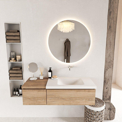 MONDIAZ BUKLA 120cm meuble de salle de bain avec module 40 couleur Chêne blanchi avec 2 tiroirs. Lavabo CLOUD à droite 0 trou de robinet couleur Talc.