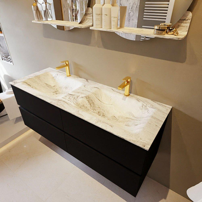 Mondiaz VICA-DLUX ensemble de meuble de salle de bain - 130cm - meuble sous-vasque urbain - 4 tiroirs - lavabo encastré cloud double - 2 trous de robinet - version haute de 60cm - glace