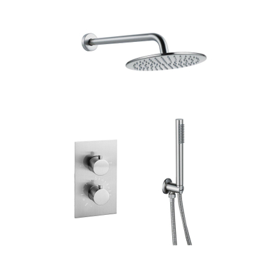 FugaFlow Eccelente Sobrado Colonne de douche pluie à encastrer thermostatique avec douche de tête 25cm et douchette stick Inox brossé PVD