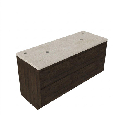 Saniclass Holz Pure Ensemble de meubles de salle de bains - 120x45x63cm - Plan de travail en pierre naturelle travertin - 2 trous de robinetterie - 4 tiroirs - chêne charcoal mat (bois)