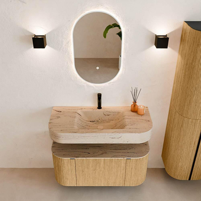 MONDIAZ THOR-DLUX 100cm badmeubel ronding links + rechts kleur Oak met 1 lade en 2 deuren. Vrijhangende wastafel CLOUD Midden 1 kraangat kleur Arena.