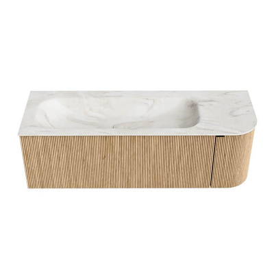 MONDIAZ KURVE-DLUX 135cm badmeubel met module 25 R kleur Oak met 1 lade en 1 deur. Wastafel BIG MEDIUM links 1 kraangat kleur Ostra.