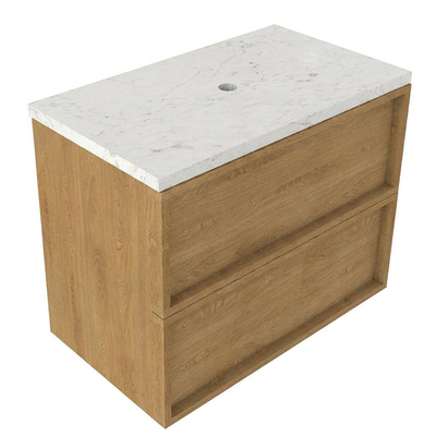 Saniclass Holz Frame Ensemble meuble de salle de bains - 80x45x63cm - Plan de lavabo en marbre Dia poli (blanc) - sans trou de robinetterie - 2 tiroirs - chêne natural mat (bois)