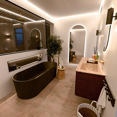 Mondiaz CIRO-DLUX Meuble de salle de bains - 130x45x50cm - Plan-vasque solid surface Arena - 1 vasque à droite - sans trous de robinetterie - 4 tiroirs - Ruby