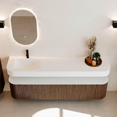 MONDIAZ THOR Meuble de salle de bains - 190cm - arrondi gauche + droite - couleur Walnut - 2 tiroirs et 2 portes - Vasque suspendue CLOUD Gauche 1 trou de robinet - couleur Talc