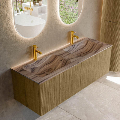MONDIAZ KURVE-DLUX Meuble de salle de bains 130 cm couleur Dusk avec 2 tiroirs et 0 porte. Lavabo LEAF Double 2 trous de robinet Sombra.