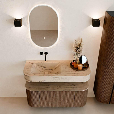 MONDIAZ THOR-DLUX 110cm badmeubel ronding links + rechts kleur Walnut met 1 lade en 2 deuren. Vrijhangende wastafel CLOUD Links zonder kraangat kleur Arena.