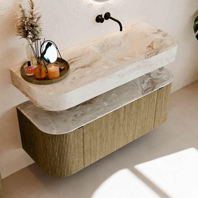 MONDIAZ THOR-DLUX 120cm meuble de salle de bains arrondi gauche + droite couleur Dusk avec 1 tiroir et 2 portes. Vasque suspendue CLOUD droite sans trou de robinet couleur Frappe.