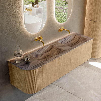 MONDIAZ KURVE-DLUX 155cm badmeubel ronding Links kleur Oak met 2 lades en 1 deur. Wastafel LEAF Dubbel / Rechts zonder kraangat Sombra.