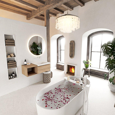 MONDIAZ BUKLA meuble de salle de bain 100cm avec module ouvert 40 couleur Chêne blanchi avec 1 tiroir. Lavabo CLOUD à droite 0 trous de robinet couleur Talc.