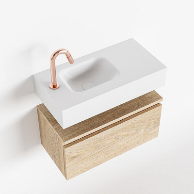 MONDIAZ ANDOR Toiletmeubel - 60x30x30cm - 1 kraangat - 1 lades - washed oak mat - wasbak links - Solid surface - Wit