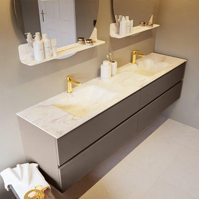 Mondiaz VICA-DLUX ensemble de meuble de salle de bain - 200cm - meuble sous-vasque fumée - 4 tiroirs - lavabo encastré nuage double - 2 trous de robinet - version haute de 60cm - ostra