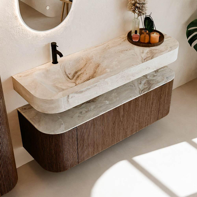 MONDIAZ THOR-DLUX 140cm meuble de salle de bains arrondi gauche + droite couleur Walnut avec 1 tiroir et 2 portes. Vasque suspendue CLOUD Gauche 1 trou de robinet couleur Frappe.