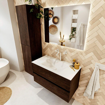 Mondiaz VICA ensemble de meuble de salle de bain - 90cm - meuble sous-vasque marron foncé - 2 tiroirs - lavabo nuage milieu - 1 trou de robinet - version haute de 60cm - talc