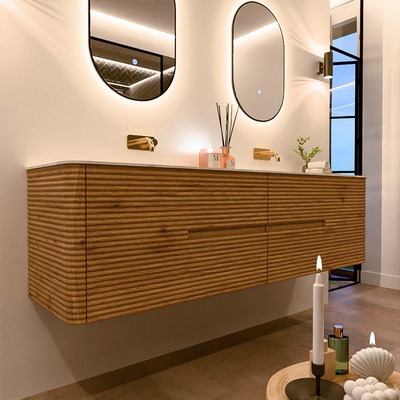 Mondiaz CIRO-DLUX Meuble de salle de bains - 180x45x50cm - plan vasque solid surface Ostra - 2 vasques Double - sans trous de robinet - 4 tiroirs - Chêne
