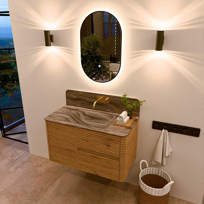 Mondiaz CIRO-DLUX Meuble de salle de bains - 90x45x50cm - Plan vasque solid surface Sombra - 1 vasque au milieu - sans trous de robinet - 2 tiroirs - Chêne