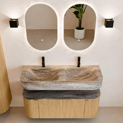 MONDIAZ THOR-DLUX 120cm meuble de salle de bains arrondi gauche + droite couleur Oak avec 1 tiroir et 2 portes. Vasque suspendue CLOUD Double 2 trous de robinet couleur Oza.