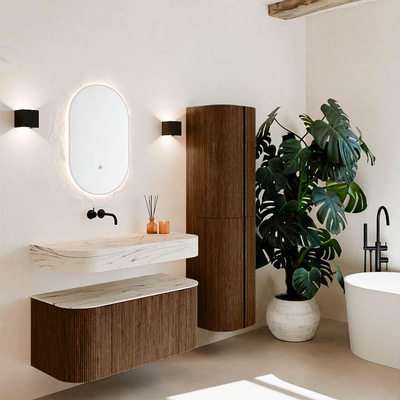 MONDIAZ THOR-DLUX 100cm badmeubel ronding links + rechts kleur Walnut met 1 lade en 2 deuren. Vrijhangende wastafel CLOUD Midden zonder kraangat kleur Nata.