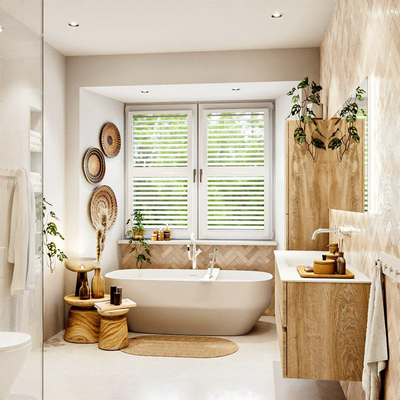 MONDIAZ VICA meuble sous lavabo 150cm Chêne blanchi 2 tiroirs. Lavabo CLOUD central sans trou de robinet, couleur Talc.