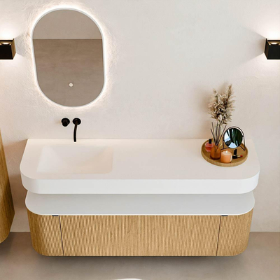 MONDIAZ THOR 160cm badmeubel ronding links + rechts kleur Oak met 1 lade en 2 deuren. Vrijhangende wastafel CLOUD Links zonder kraangat kleur Talc.