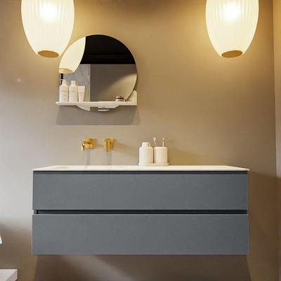 Mondiaz VICA-DLUX ensemble de meuble de salle de bain - 130cm - meuble sous-vasque plata - 2 tiroirs - lavabo encastrée cloud gauche - sans trous de robinet - version haute de 60cm - opalo