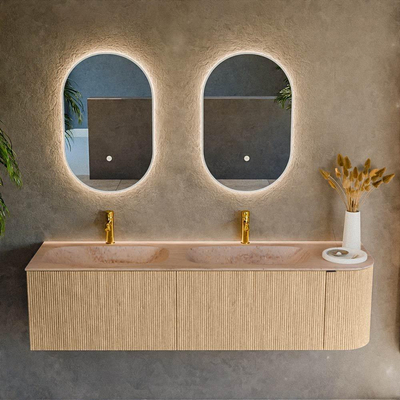 MONDIAZ KURVE-DLUX 165cm badmeubel ronding Rechts kleur Oak met 2 lades en 1 deur. Wastafel STOR SMALL Dubbel / Links 2 kraangaten Saba.