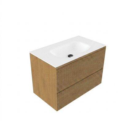 Saniclass Holz Atelier Ensemble de meubles de salle de bains - 80x45x61.5cm - Lavabo Flow en solid surface blanc - 1 vasque - sans trou de robinet - 2 tiroirs - chêne natural mat (bois)