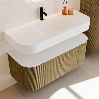 MONDIAZ THOR 110cm meuble de salle de bains arrondi gauche + droite couleur Dusk avec 1 tiroir et 2 portes. Vasque suspendue CLOUD Milieu 1 trou de robinet couleur Talc.