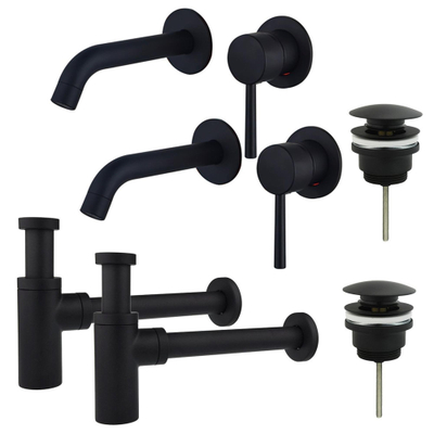 FugaFlow Eccelente Sobrado Kit robinet lavabo - pour double vasque - robinet rehaussé - bonde clic clac - siphon design - Noir mat