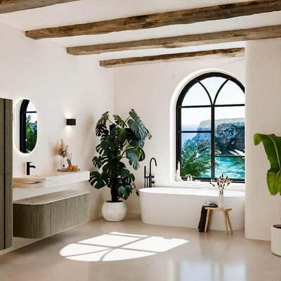 MONDIAZ THOR-DLUX 130cm meuble de salle de bains arrondi gauche + droite couleur Shadow avec 1 tiroir et 2 portes. Vasque suspendue CLOUD Gauche 1 trou de robinet couleur Nata.