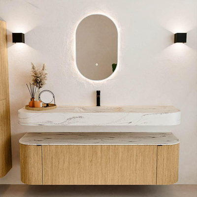 MONDIAZ THOR-DLUX 160cm badmeubel ronding links + rechts kleur Oak met 1 lade en 2 deuren. Vrijhangende wastafel CLOUD Midden 1 kraangat kleur Nata.