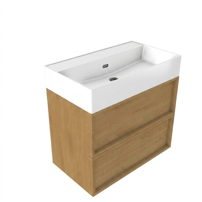 Saniclass Holz Frame Ensemble meuble de salle de bains - 80x45x72cm - Legend vasque en céramique blanche - 1 lavabo - sans trou de robinet - 2 tiroirs - chêne naturel mat (bois)