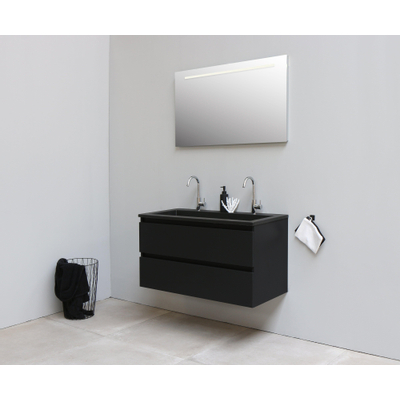Basic Bella Meuble salle de bains avec lavabo acrylique avec miroir et éclairage Noir 100x55x46cm 2 trous de robinet Noir mat