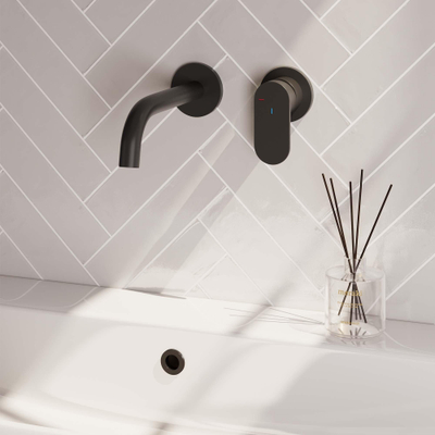 BRAUER Black Edition Wastafelmengkraan inbouw - gebogen uitloop links - hendel breed plat - inclusief inbouwdeel - model C 1 - mat zwart