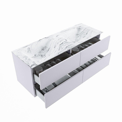 Mondiaz VICA-DLUX Ensemble de meuble de salle de bain - 130cm - meuble sous-vasque cale - 4 tiroirs - lavabo encastrée cloud double - sans trous de robinet - version haute de 60cm - glace