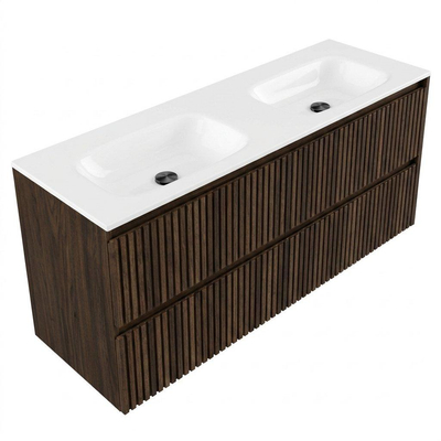 Saniclass Holz Atelier Ensemble de meubles de salle de bains - 140x45x61.5cm - Flow lavabo en solid surface blanc - 2 vasques - sans trous de robinetterie - 4 tiroirs - chêne charcoal mat (bois)