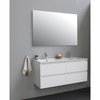 Basic Bella Badkamermeubelset - 120x55x46cm - 2 wasbakken - Keramiek - Wit - 2 kraangaten - Wandspiegel zonder verlichting - Spaanplaat Wit hoogglans