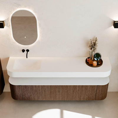 MONDIAZ THOR 190cm badmeubel ronding links + rechts kleur Walnut met 2 lades en 2 deuren. Vrijhangende wastafel CLOUD Links zonder kraangat kleur Talc.