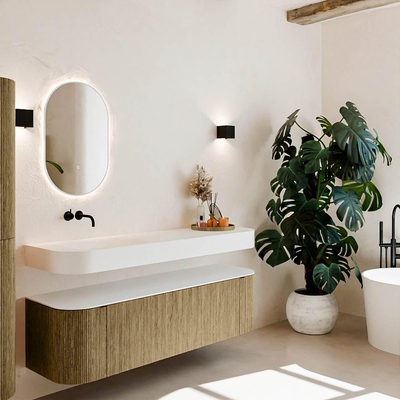 MONDIAZ THOR 160cm meuble de salle de bains arrondi gauche + droite couleur Dusk avec 1 tiroir et 2 portes. Vasque suspendue CLOUD gauche sans trou de robinet couleur Talc.